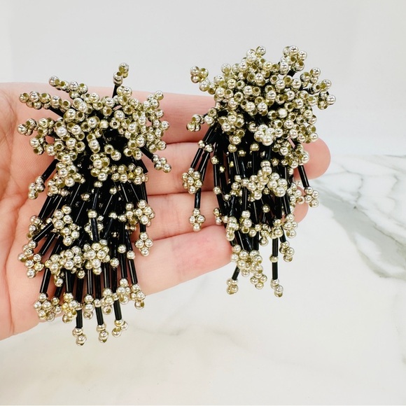 Vintage 80s Firecracker Clip On Earrings Runway Statement Dangle Black Silver - Picture 8 of 8